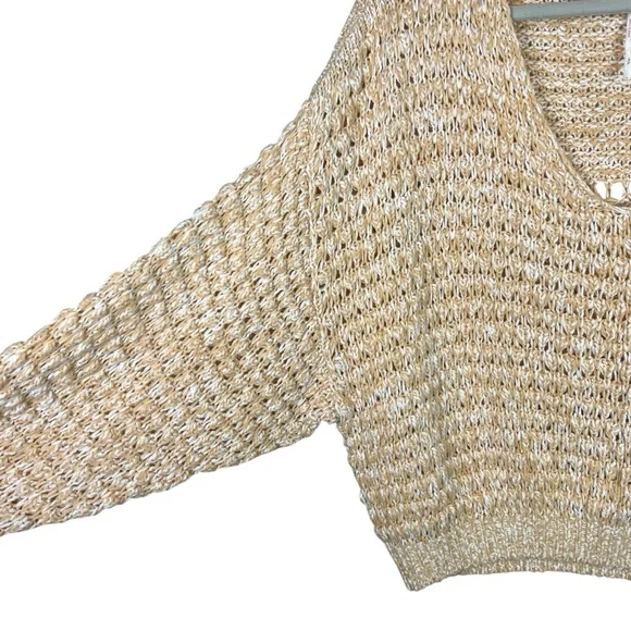 Free People Coconut Open Knit V-Neck Sweater in Sandy Combo Crop Slouchy Chunky - Picture 4 of 9